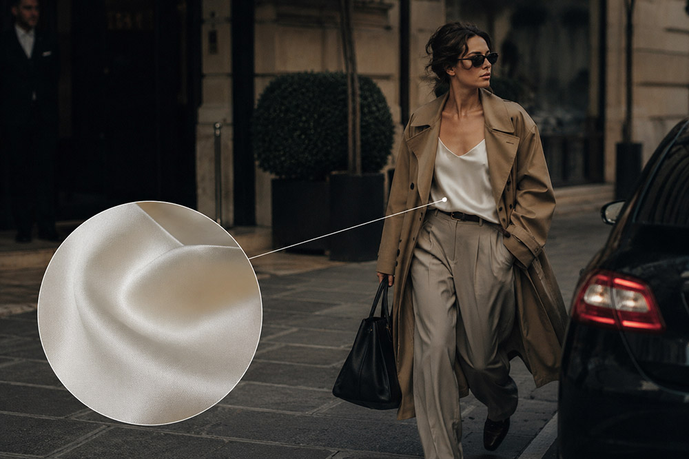 Real photography at 300 dpi, fabric texture detail, fashion campaign by Daniele Cardone